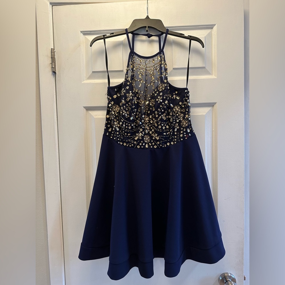 B Darlin Navy Blue Beaded A-Line Cocktail Dress